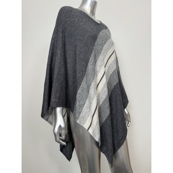 100% Cashmere Poncho Travel Wrap Women’s One Size Gray Cream Stripe - Picture 2 of 8
